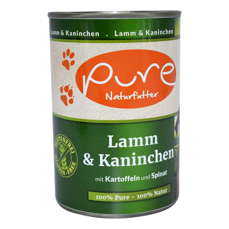 PURE Hundemenü Lamm & Kaninchen 400g mit Kartoffeln und Spinat